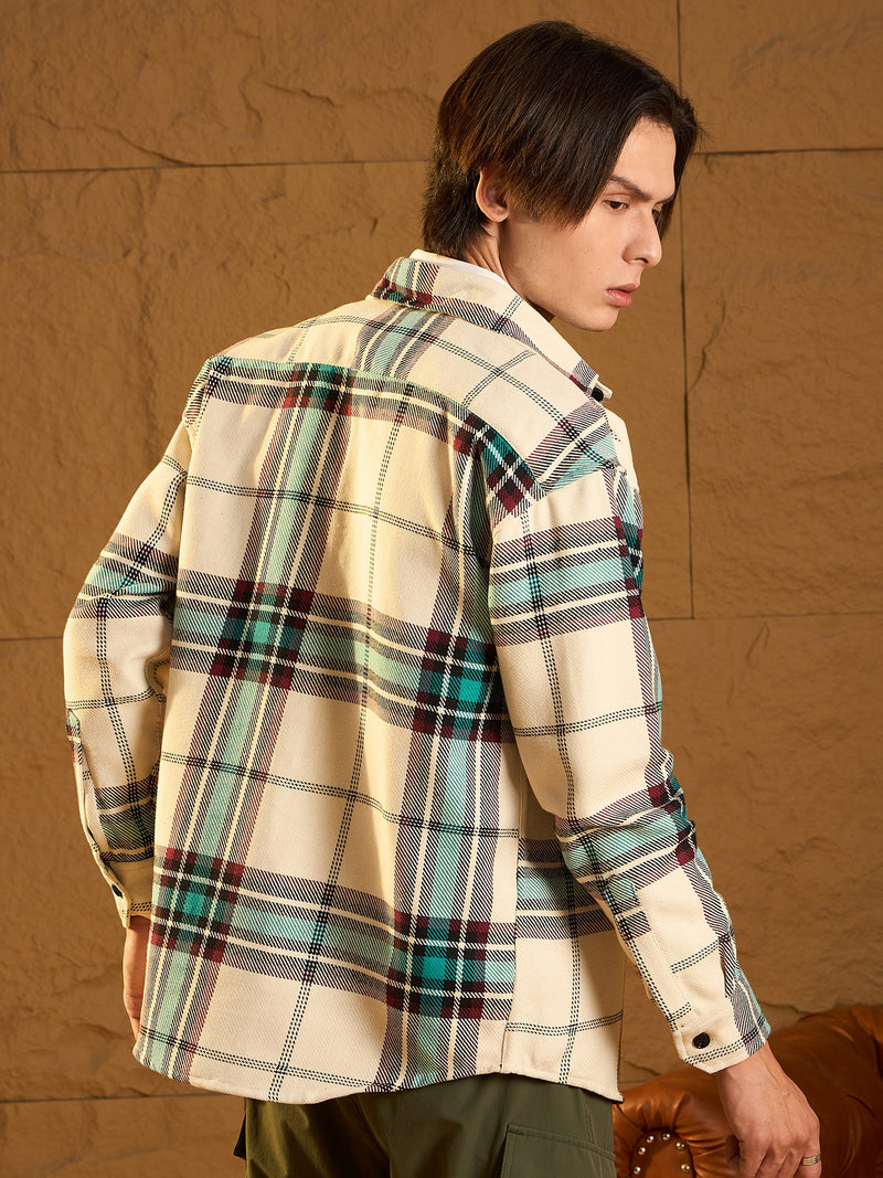 Cream & Blue: Checked Oversized Cotton Shacket