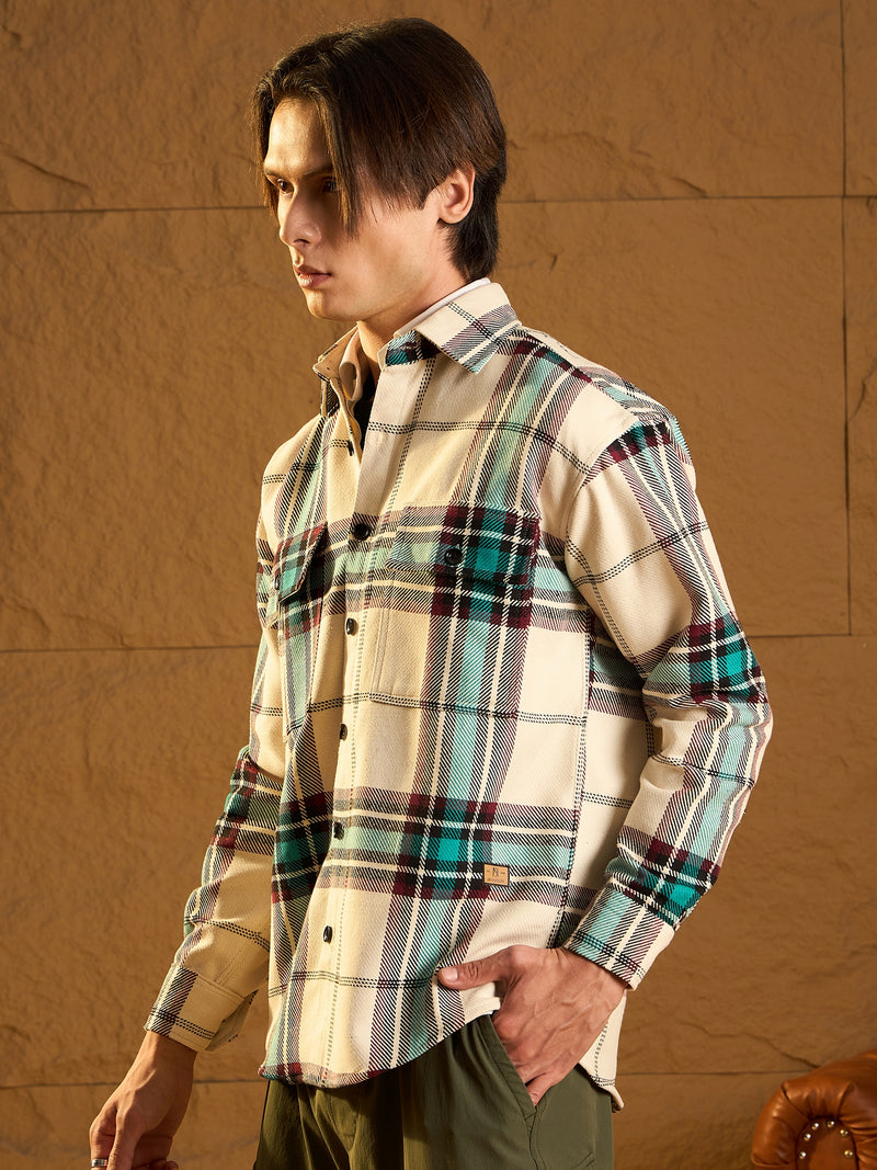 Cream & Blue: Checked Oversized Cotton Shacket