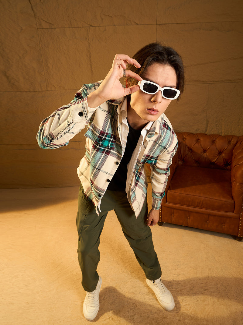 Cream & Blue: Checked Oversized Cotton Shacket