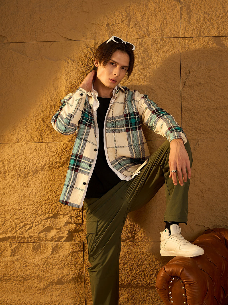 Cream & Blue: Checked Oversized Cotton Shacket