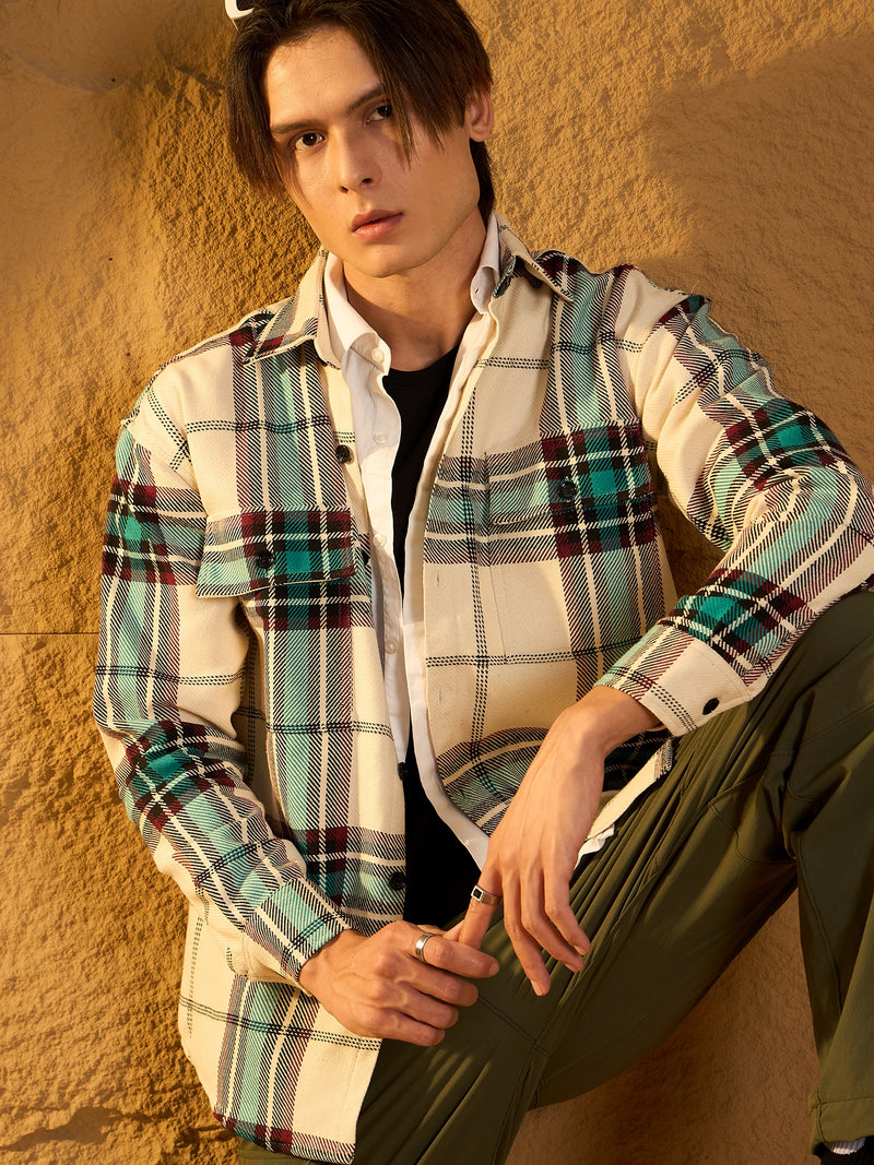Cream & Blue: Checked Oversized Cotton Shacket