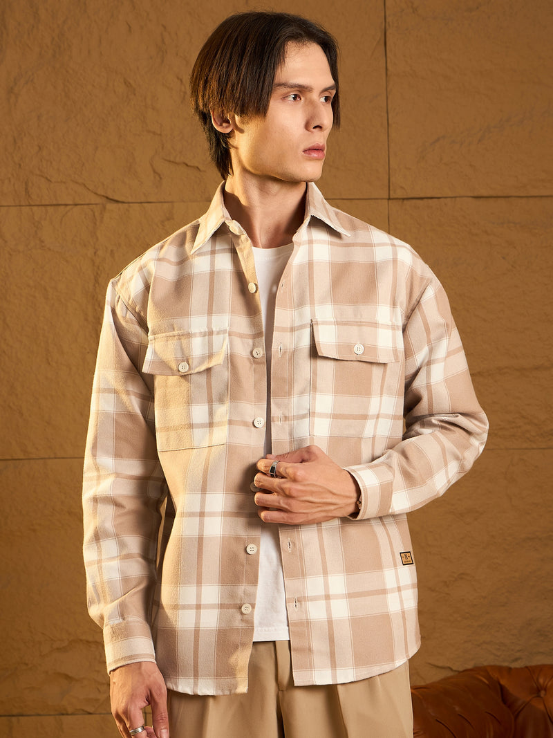 Double Pocket Drop Shoulder Oversized Cotton Checked Shacket