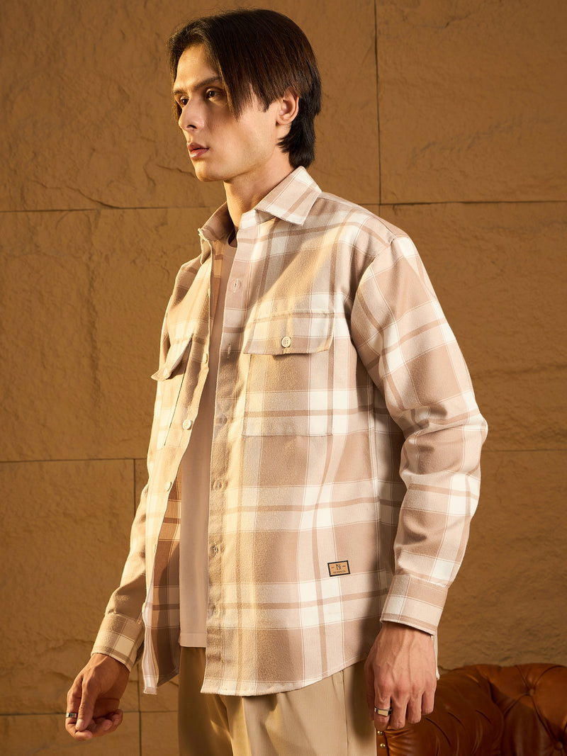 Double Pocket Drop Shoulder Oversized Cotton Checked Shacket