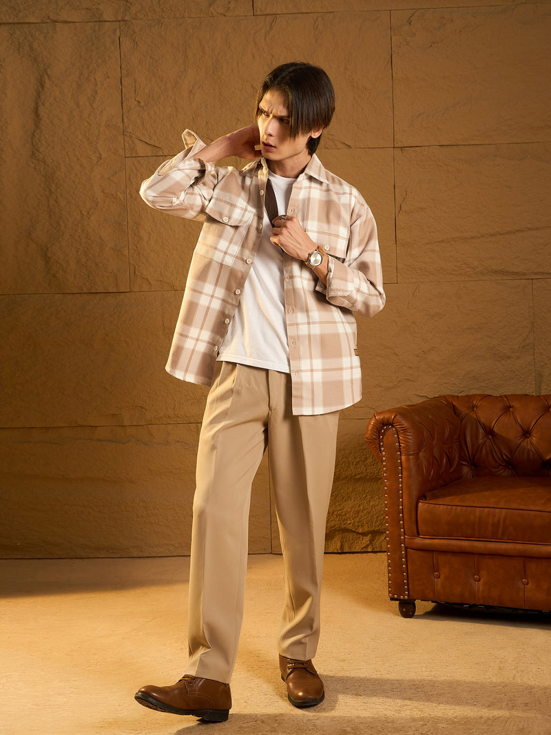 Double Pocket Drop Shoulder Oversized Cotton Checked Shacket