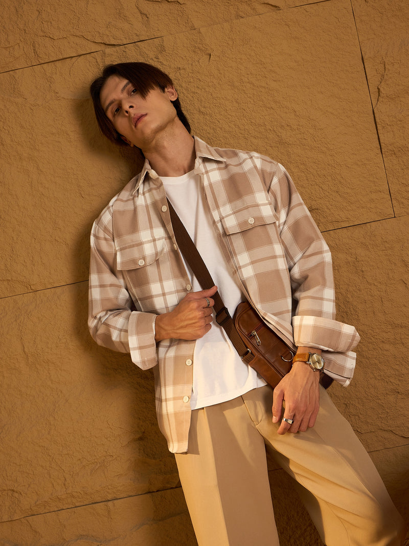 Double Pocket Drop Shoulder Oversized Cotton Checked Shacket