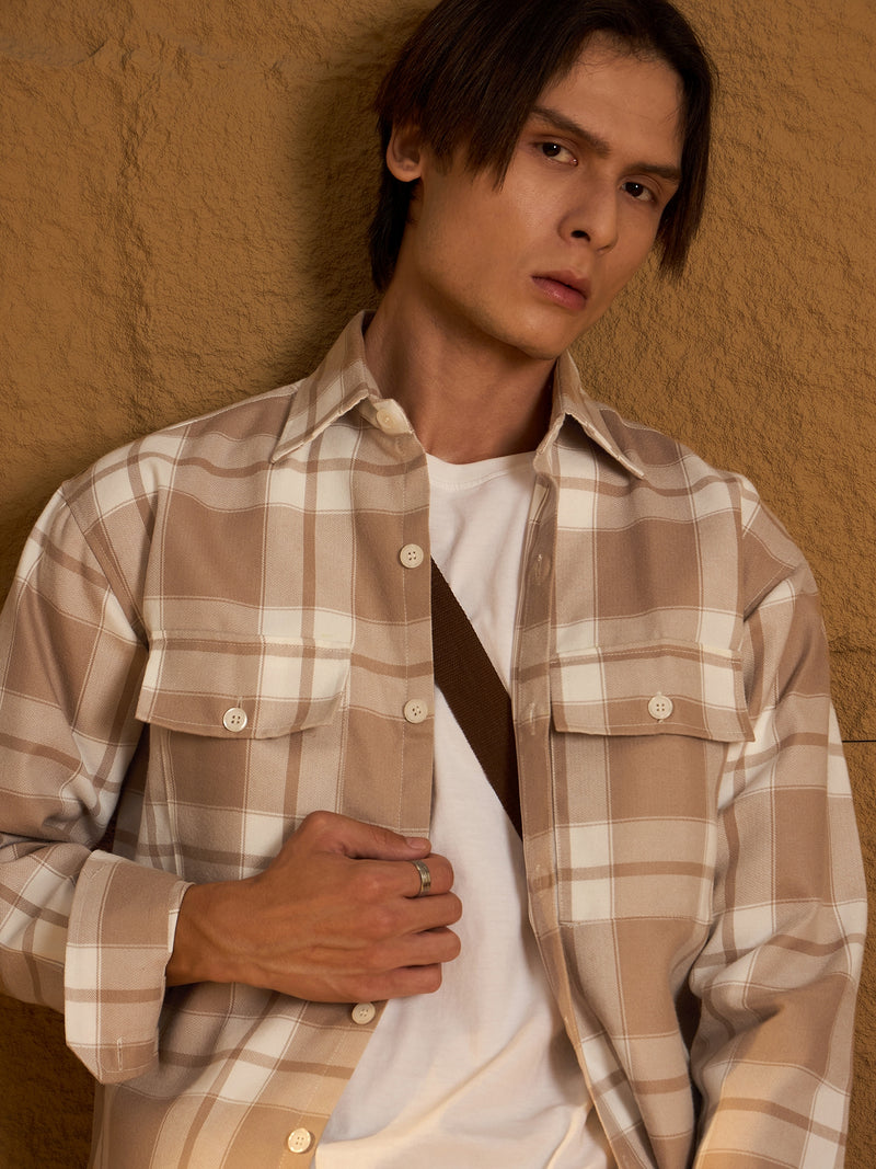 Double Pocket Drop Shoulder Oversized Cotton Checked Shacket