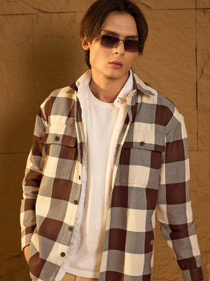 Double Pocket Drop Shoulder Oversized Cotton Checked Shacket