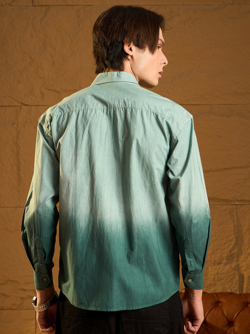 Green: Full Sleeves Oversized Ombre Shirt