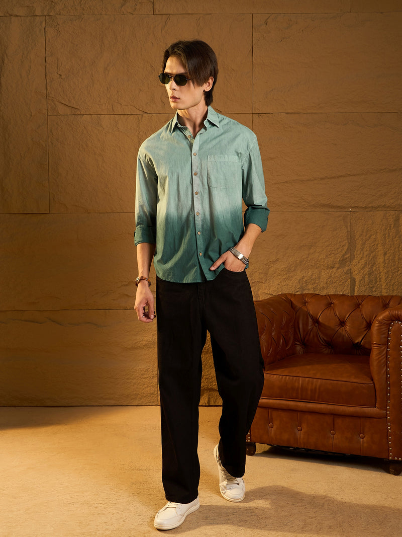 Green: Full Sleeves Oversized Ombre Shirt