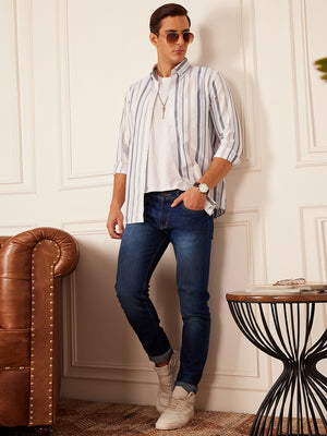 White & Blue: Full Sleeve Button-Down Collar Striped Shirt