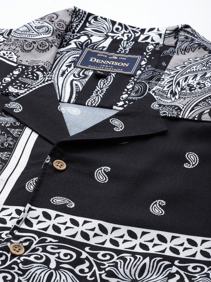 White & Black: Half Sleeves Block Printed Shirt