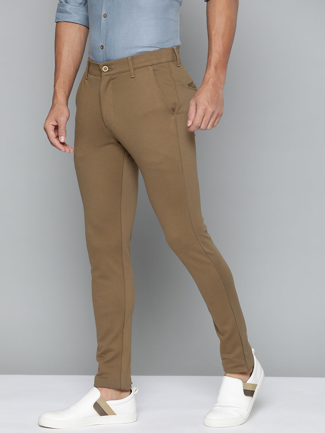 DENNISON Men Khaki Smart Tapered Fit Easy Wash Chinos Trousers
