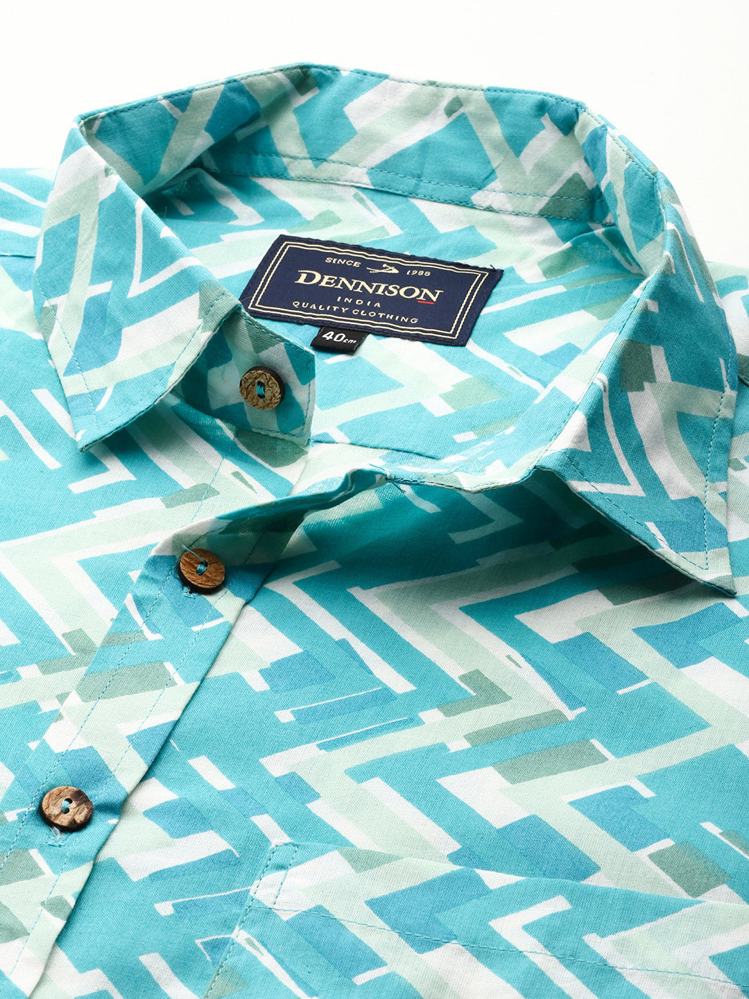 DENNISON Men Turquoise Blue Block Printed Shirt