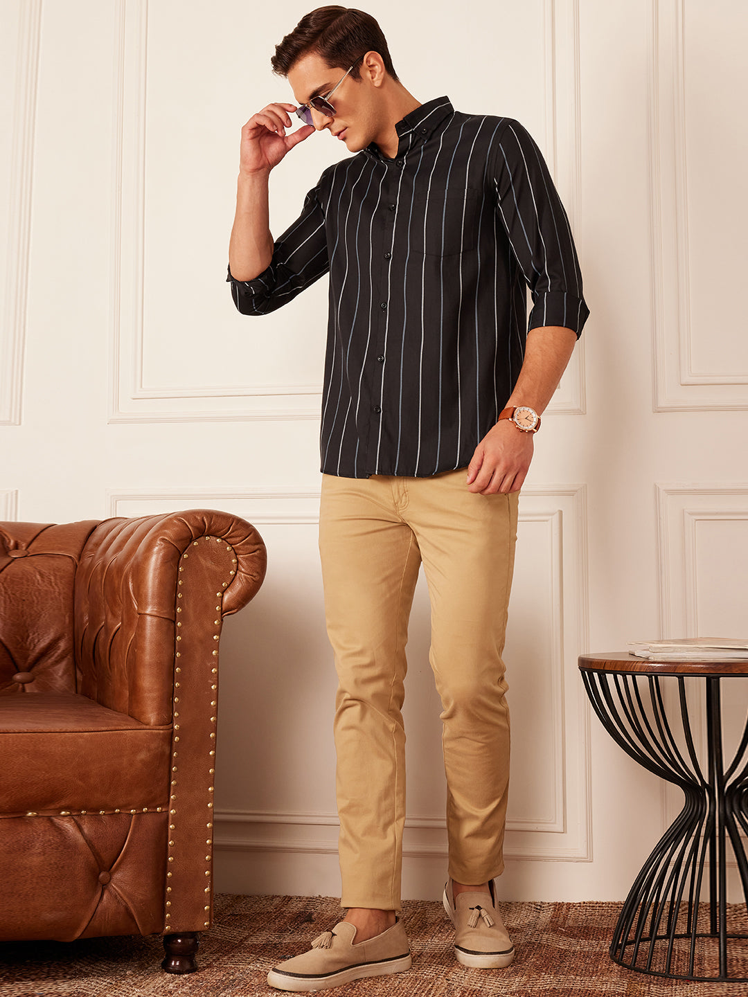 Khaki pants striped on sale shirt