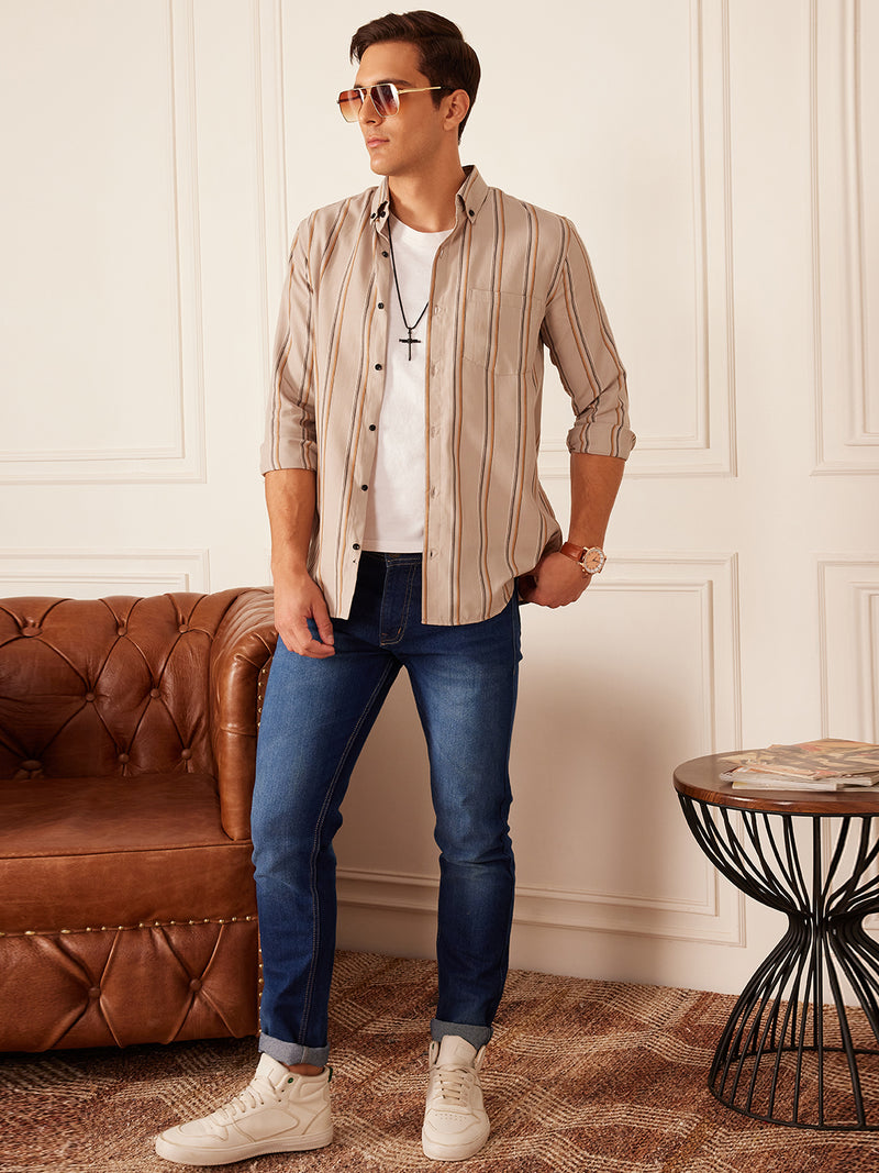 Beige: Full Sleeve Button-Down Collar Striped Shirt