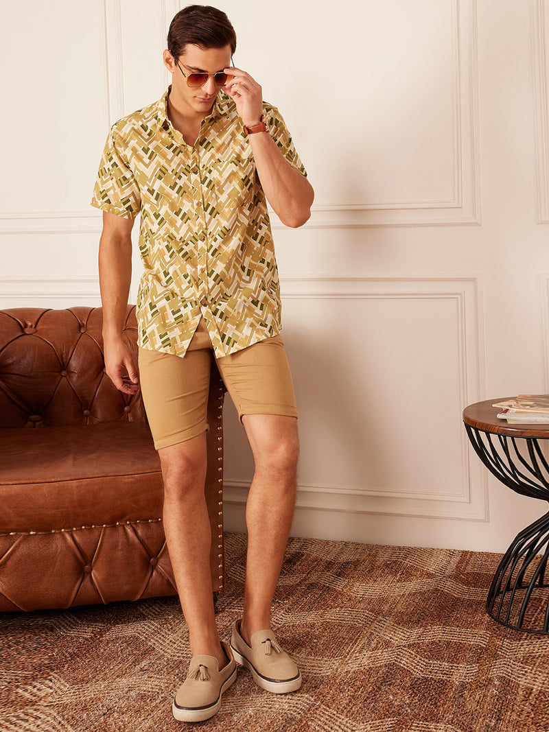 Beige: Half Sleeves Abstract Printed Shirt