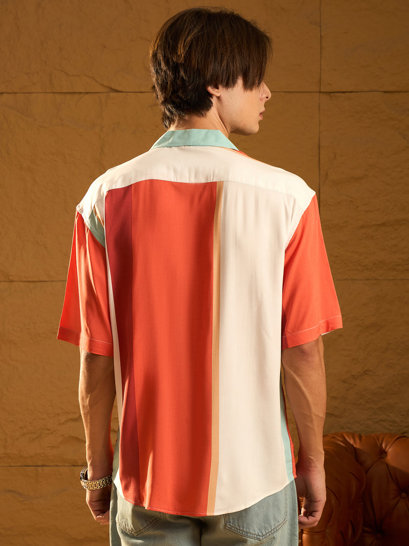 White & Corals: Half Sleeves Oversized Stripes Shirt