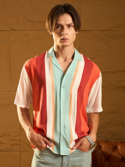 White & Corals: Half Sleeves Oversized Stripes Shirt