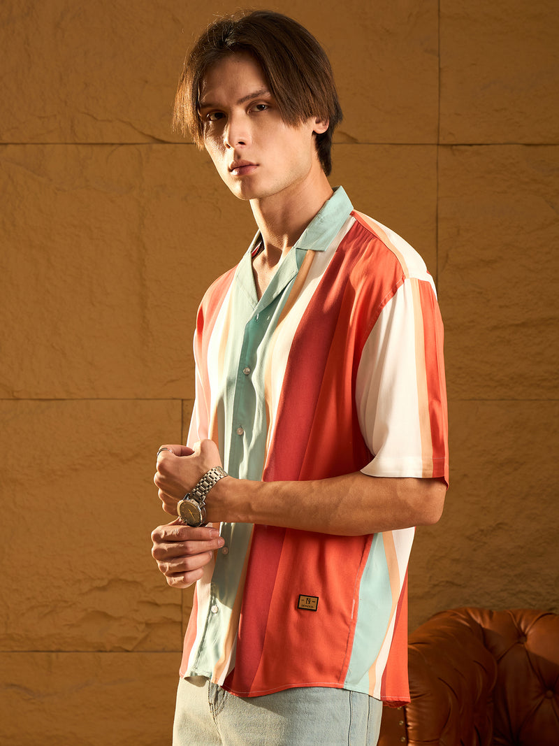 White & Corals: Half Sleeves Oversized Stripes Shirt