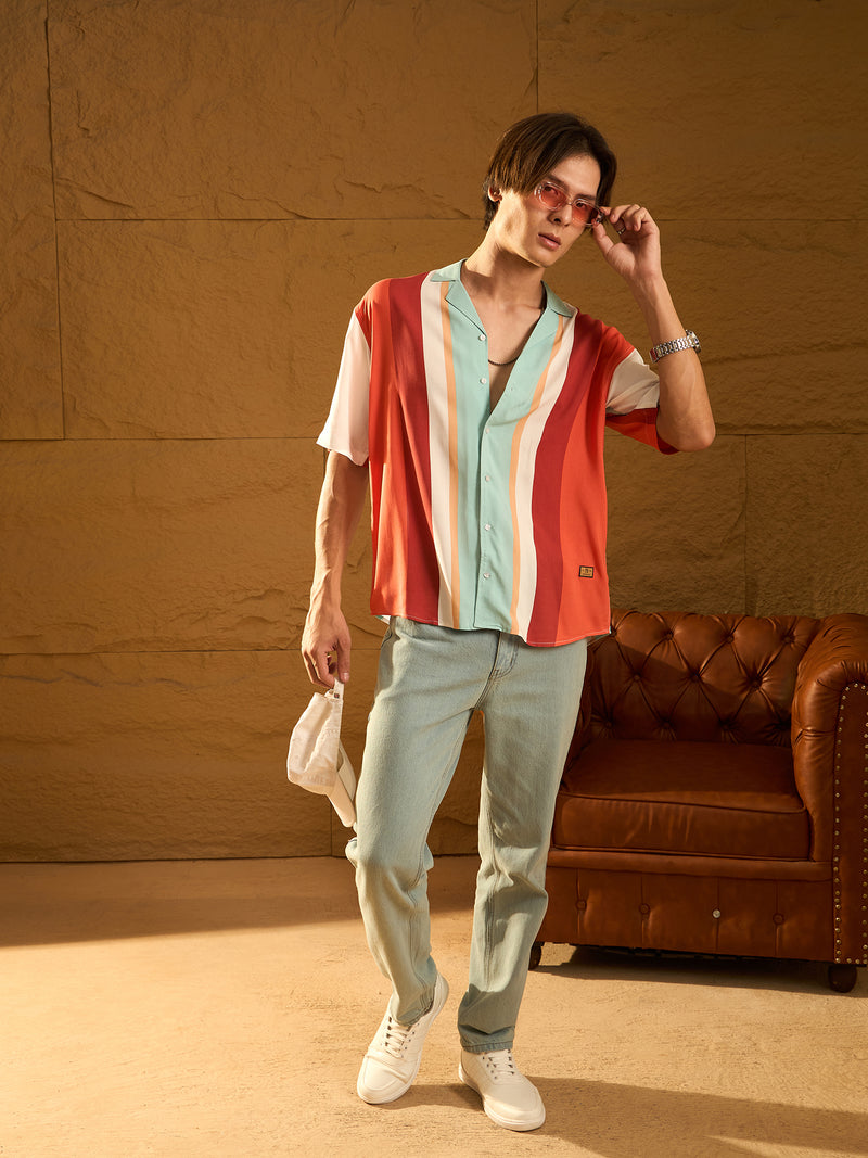 White & Corals: Half Sleeves Oversized Stripes Shirt