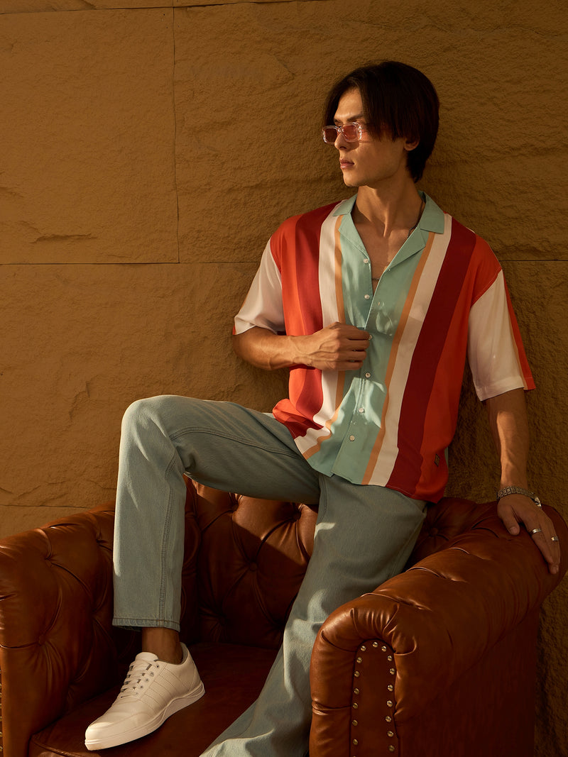 White & Corals: Half Sleeves Oversized Stripes Shirt