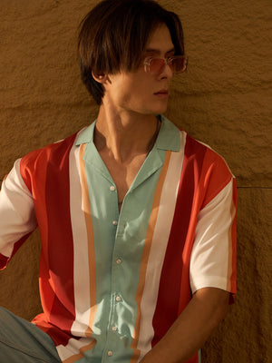 White & Corals: Half Sleeves Oversized Stripes Shirt