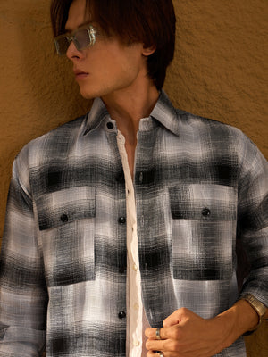Double Pocket Drop Shoulder Oversized Cotton Checked Shacket