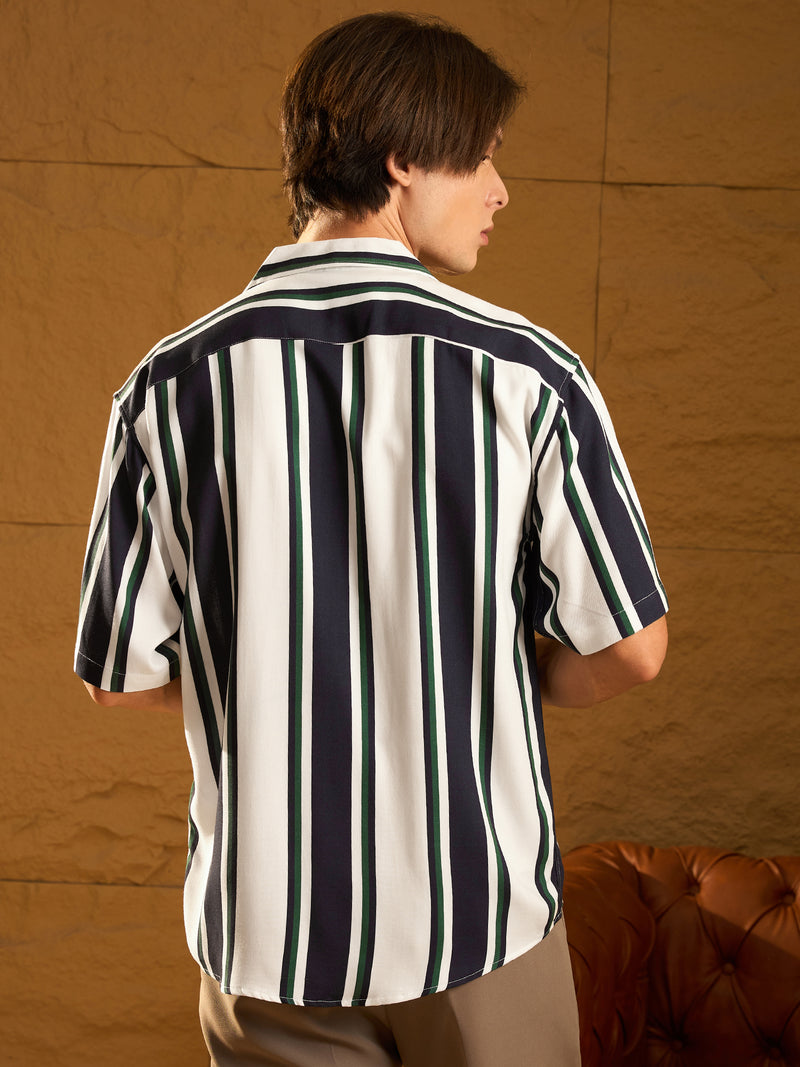 White & Navy Blue: Half Sleeves Oversized Stripes Shirt