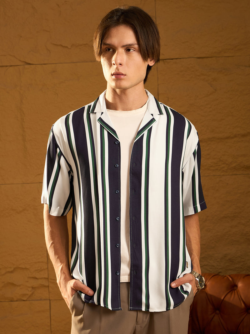 White & Navy Blue: Half Sleeves Oversized Stripes Shirt