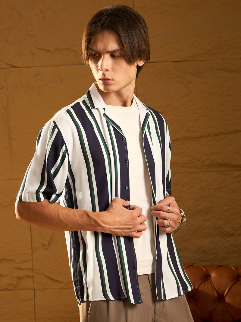 White & Navy Blue: Half Sleeves Oversized Stripes Shirt