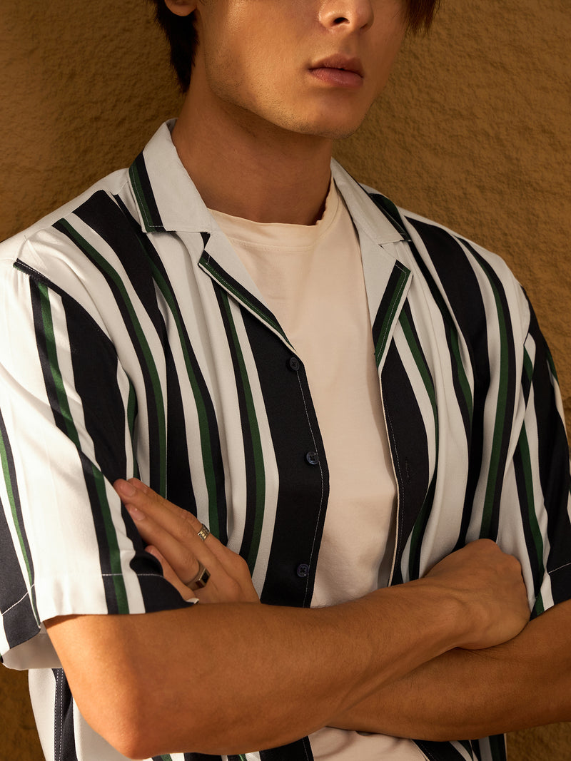 White & Navy Blue: Half Sleeves Oversized Stripes Shirt