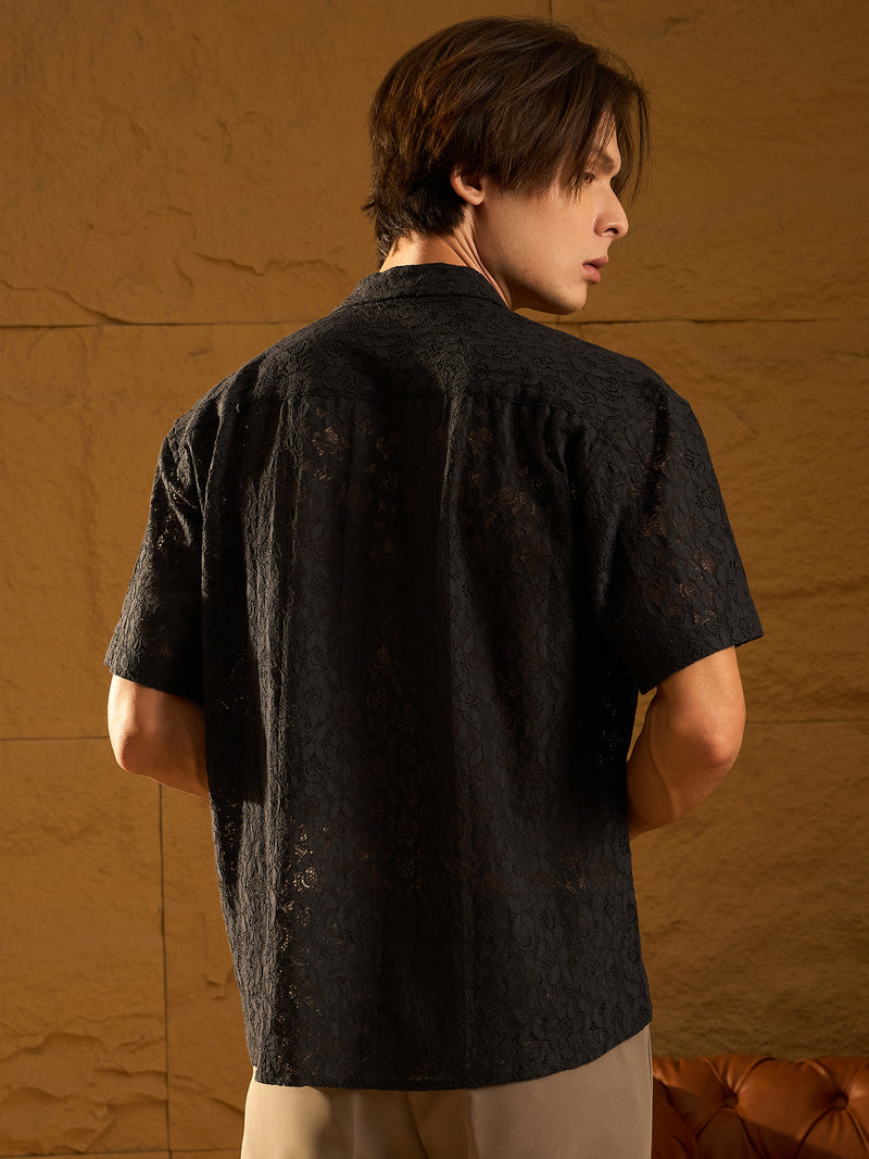 Black: Half Sleeves Schiffli Semi Sheer Oversized Shirt