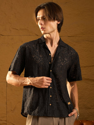 Black: Half Sleeves Schiffli Semi Sheer Oversized Shirt