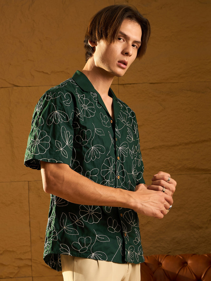 Green: Half Sleeves Embroidery Oversized Shirt