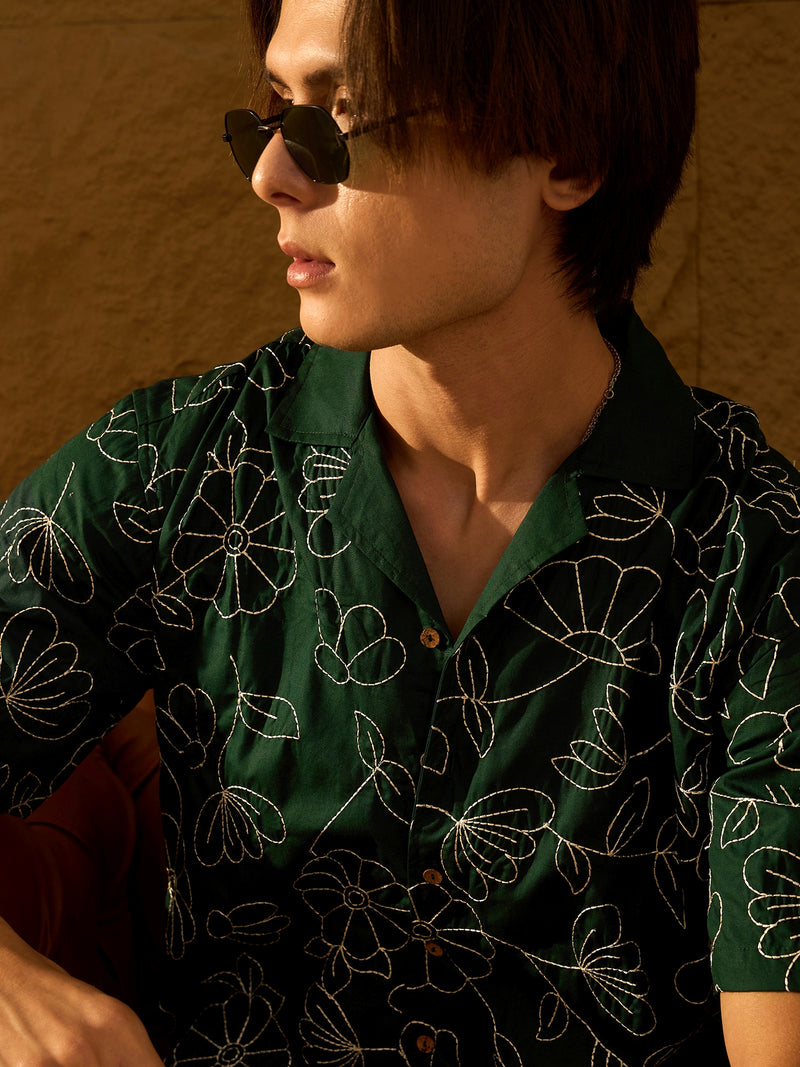 Green: Half Sleeves Embroidery Oversized Shirt