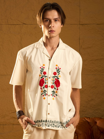White : Half Sleeves Embroidery Shirt
