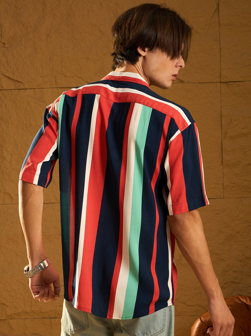 Navy Blue: Half Sleeves Oversized stripes Shirt