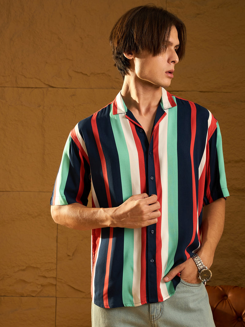 Navy Blue: Half Sleeves Oversized stripes Shirt