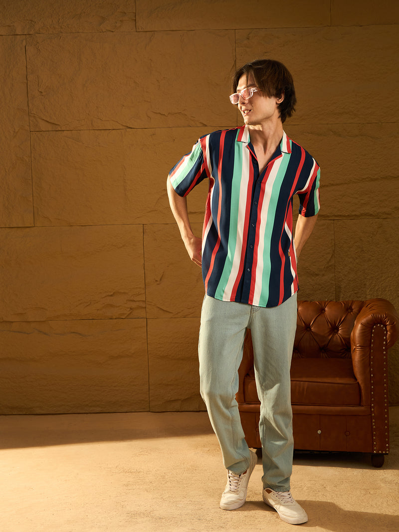 Navy Blue: Half Sleeves Oversized stripes Shirt