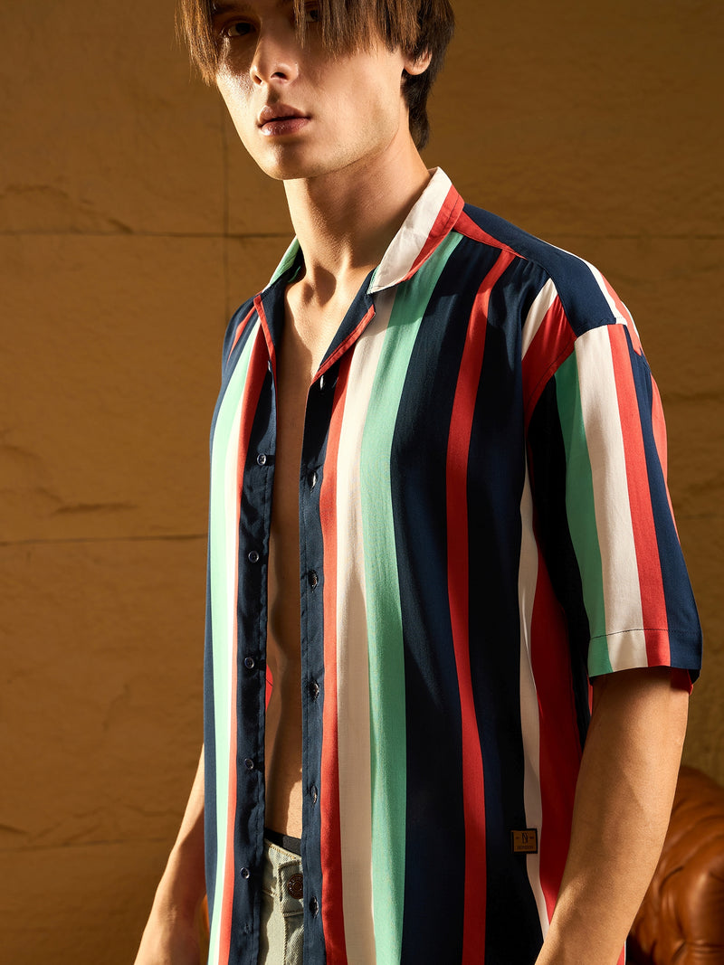 Navy Blue: Half Sleeves Oversized stripes Shirt