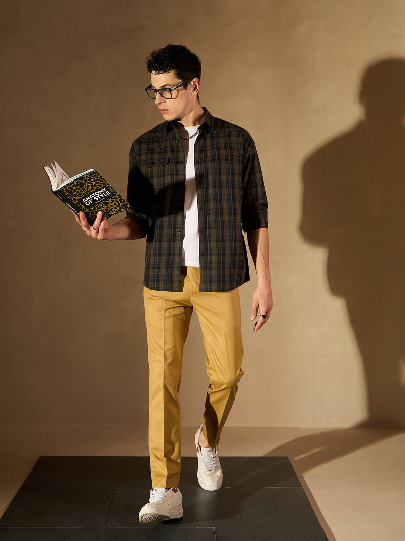 Olive Green: Full Sleeves Checked Shirt