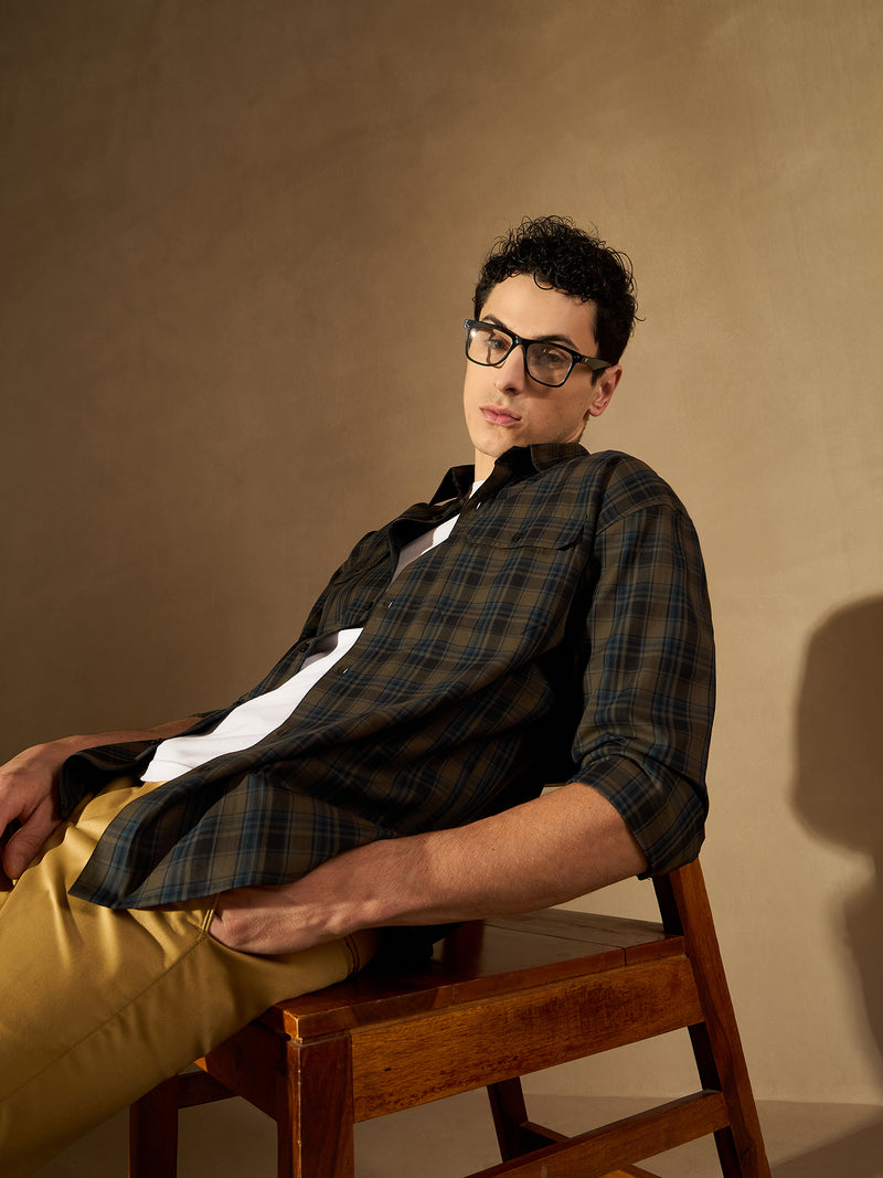 Olive Green: Full Sleeves Checked Shirt