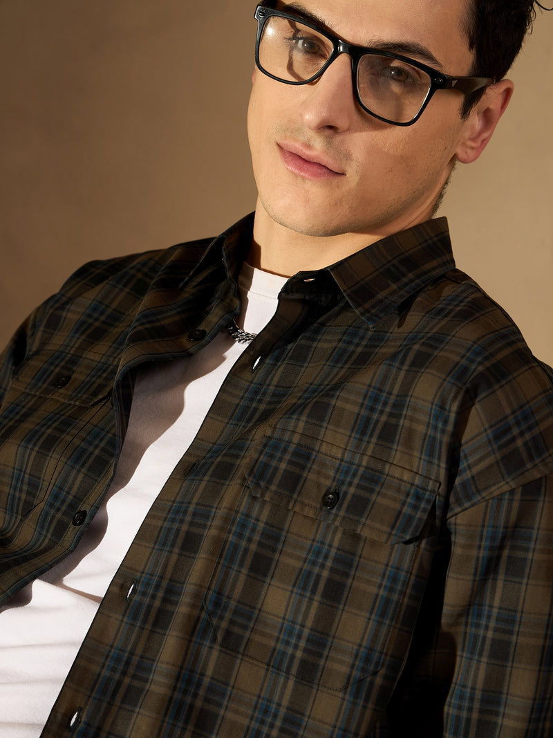 Olive Green: Full Sleeves Checked Shirt