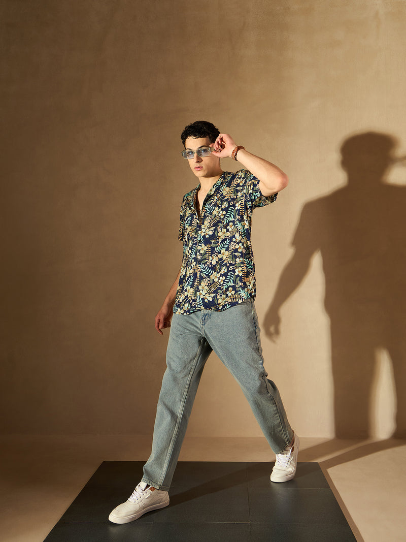 Blue: Floral Printed Oversized Casual Shirt