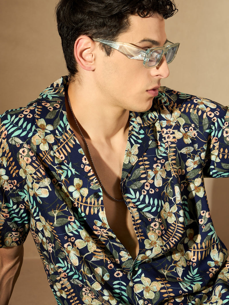 Blue: Floral Printed Oversized Casual Shirt