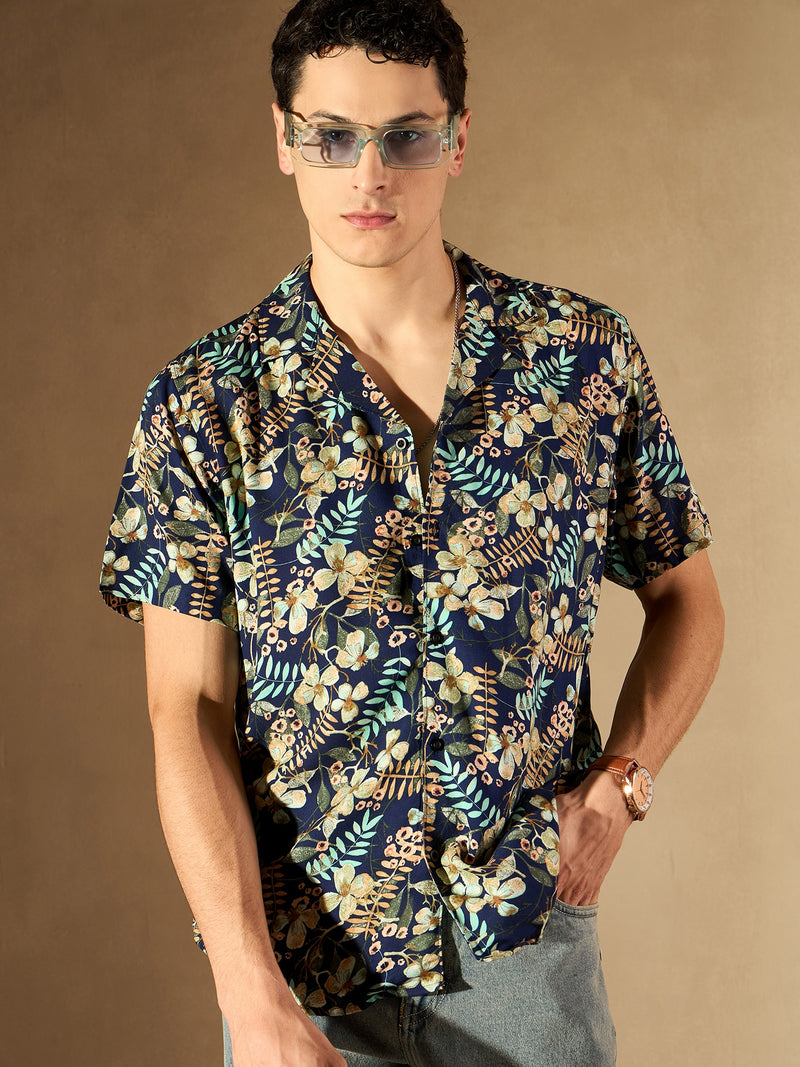 Blue: Floral Printed Oversized Casual Shirt