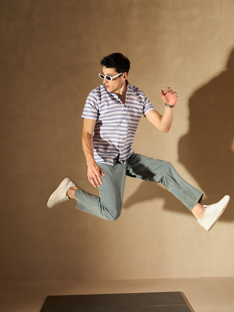 White: Half Sleeves Horizontal Shirt