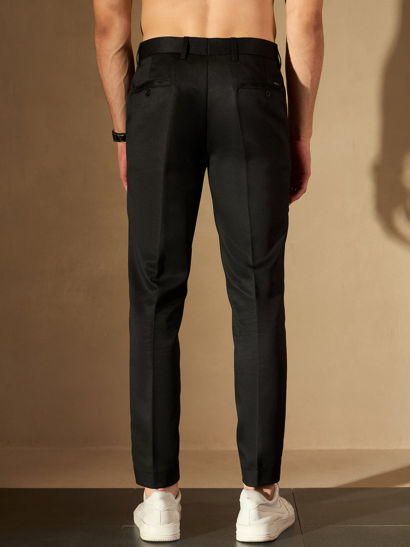 DENNISON Men Black Smart Tapered Fit Self-Checked Cropped Regular Trousers