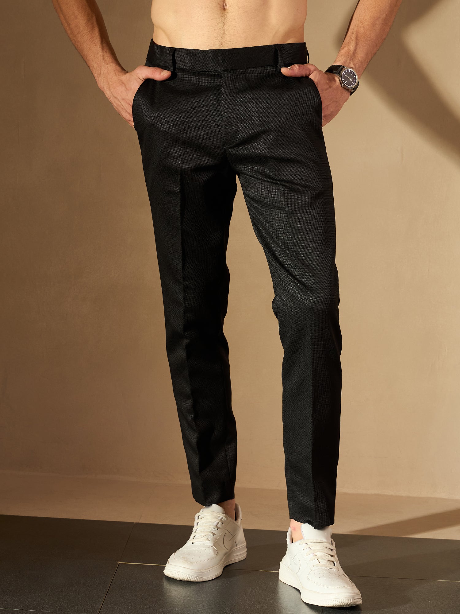DENNISON Men Black Smart Tapered Fit Self-Checked Cropped Regular Trou Dennison Fashion India DENNISON Men Black Smart Tapered Fit Self-Checked Cropped Regular Trou Dennison Fashion India
