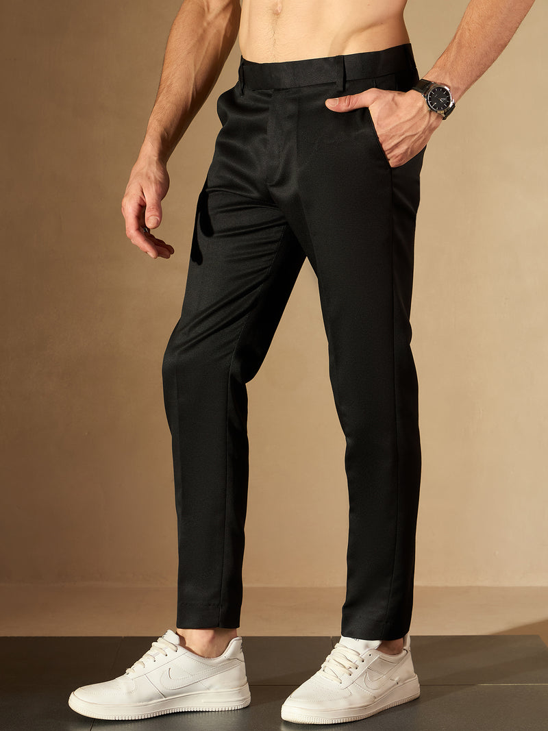 DENNISON Men Black Smart Tapered Fit Self-Checked Cropped Regular Trousers